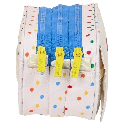 Estojo com padrão de bolinhas coloridas e três fechos de correr azuis com puxadores amarelos