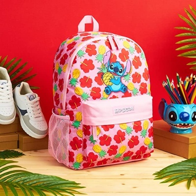 Mochila infantil rosa com flores e personagem Stitch