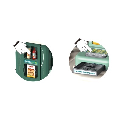 Caixa registadora de brinquedo verde com teclado e miniaturas de produtos