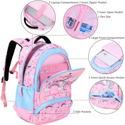 mochila infantil cor-de-rosa e azul com padrão de unicórnio e bolsos múltiplos