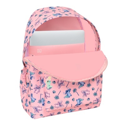 Mochila infantil rosa com desenhos de cães azuis e lilases e divisória para portátil