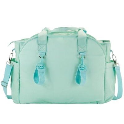 Mala de maternidade verde-água com alças e bolsos laterais