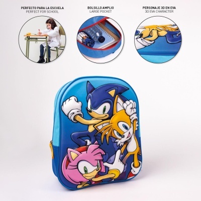 Mochila azul com personagens 3D em EVA do Sonic, Tails e Amy, bolso amplo e fecho amarelo