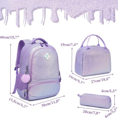 Conjunto Escolar Purple Glitter - Mochila + lancheira + porta-lápis