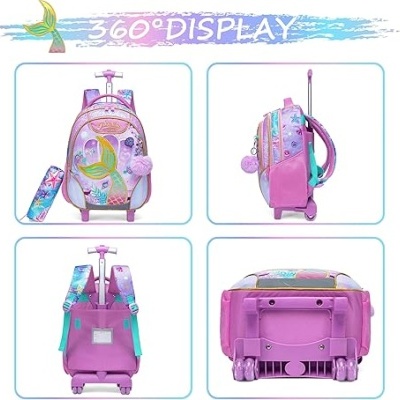 Mochila escolar de rodas cor-de-rosa com padrão de sereia colorida e alças ajustáveis