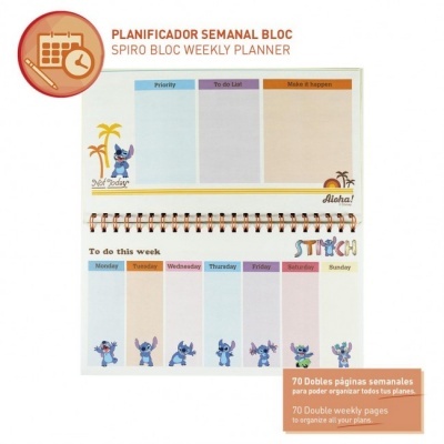 Planeador semanal com ilustrações do personagem Stitch e colunas coloridas para organização semanal