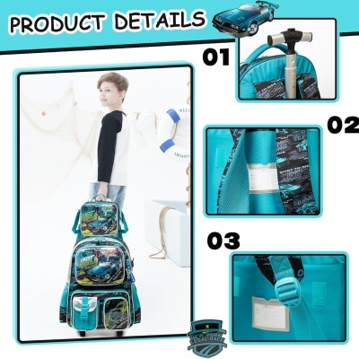 Carrinho escolar azul com padrão de carros e mochila