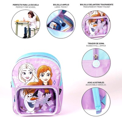 mochila infantil Frozen lilás com bolso transparente e asas ajustáveis azuis
