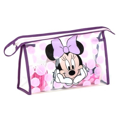 Bolsa transparente com padrão de bolinhas cor-de-rosa e Minnie Mouse com laço cor-de-rosa
