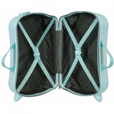 Mala de viagem azul claro aberta mostrando interior preto com alças cruzadas