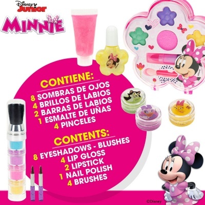 Conjunto de maquiagem Disney Junior Minnie com sombras, brilho labial, barras de lábios, esmalte e pincéis.