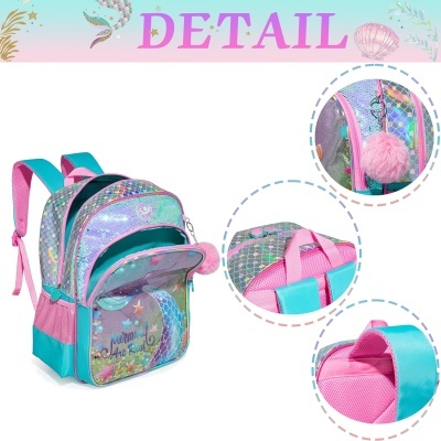 Mochila infantil rosa, azul e lilás com pompom e textura holográfica