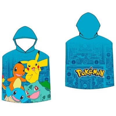 Poncho infantil azul turquesa com capuz e personagens Pokémon