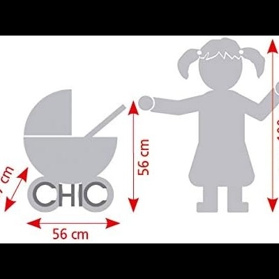 Gráfico cinza de carrinho de bebé com dimensões e criança estilizada ao lado