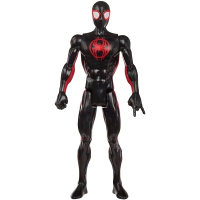 Figura de ação Spider-Man preta com detalhes vermelhos e olhos brancos