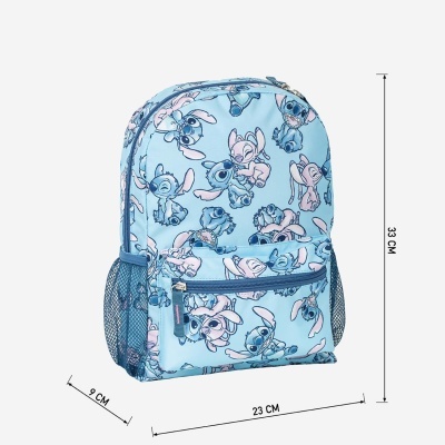 Mochila azul clara com padrão Stitch e bolso frontal