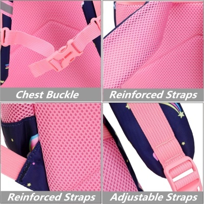 Detalhes da mochila infantil azul com estrelas e rosa, fecho de peito, alças reforçadas e ajustáveis