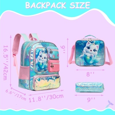 Conjunto Escolar Gatinha Sereia - Mochila + lancheira + porta-lápis