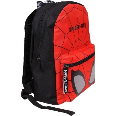 Mochila infantil Spider-Man vermelha e preta com padrão de teia e rosto do Homem-Aranha