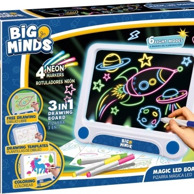 Caixa de produto Big Minds tabuleiro de desenho LED mágico com marcadores neon e desenhos coloridos