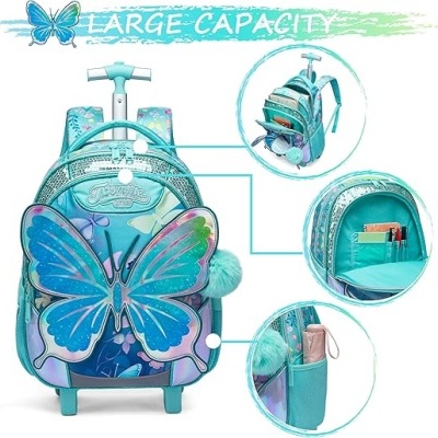 Mochila azul com borboleta 3D e rodas, bolsos organizadores e pompom