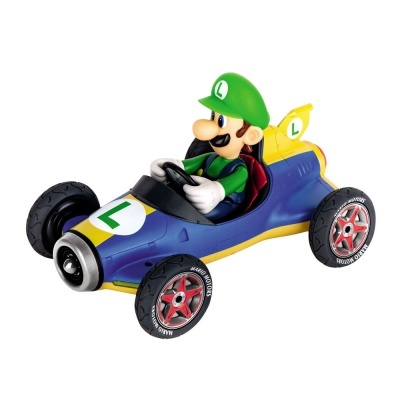 Figura de Luigi em carrinho de corrida azul e amarelo com chapéu verde e volante cinza