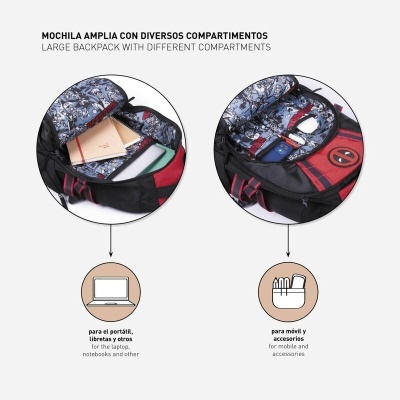 Mochila ampla com diversos compartimentos, padrão floral no interior