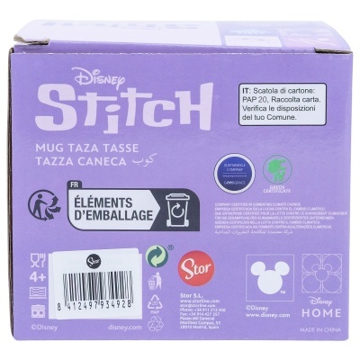 Embalagem roxa para caneca Disney Stitch com texto e códigos de barras