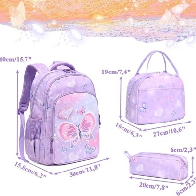 Conjunto Escolar Borboleta - Mochila + lancheira + porta-lápis