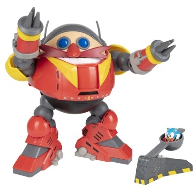 Figura de brinquedo robô vermelho e cinzento com acessórios