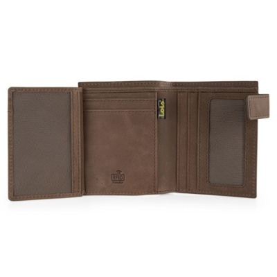 Carteira masculina de couro castanho com múltiplos compartimentos