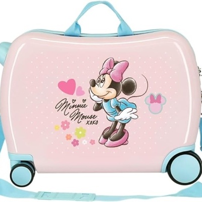 Mala de viagem infantil rosa com personagem Minnie Mouse e alças azuis