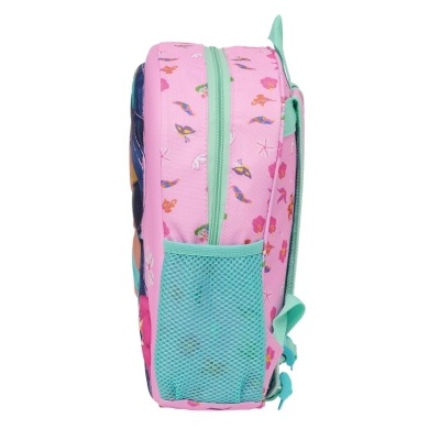 Mochila rosa com padrão de peixes vista de lado