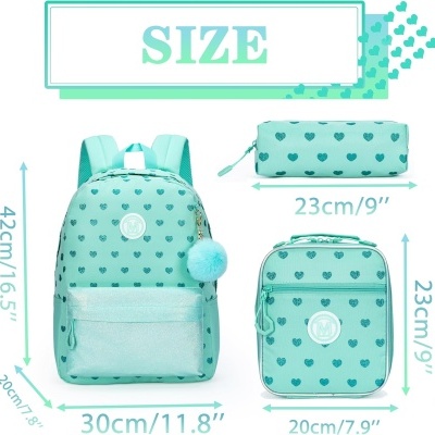 Conjunto Escolar Corações Verde água - Mochila Escolar + Lancheira + Porta-lápis