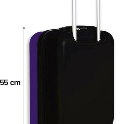 Mala de viagem preta com laterais roxas e alça extensível, sobre fundo branco