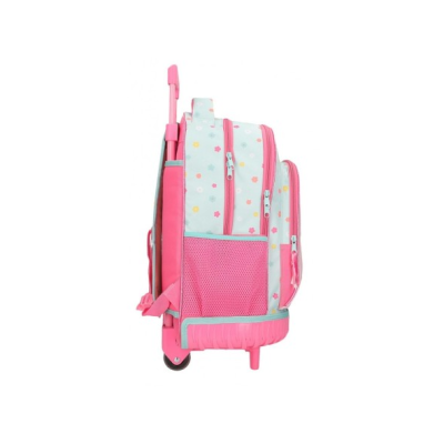 Mala de rodas azul claro com bolinhas coloridas e detalhes cor-de-rosa