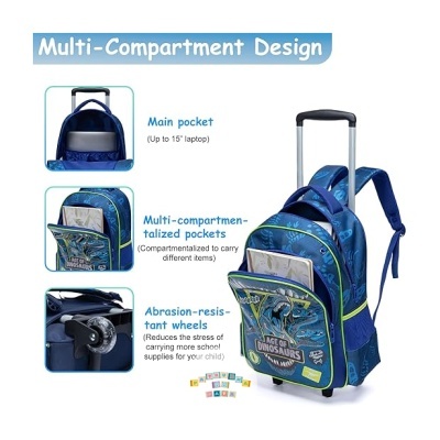 Mochila azul com estampado de dinossauros e rodas, múltiplos compartimentos e alça telescópica.
