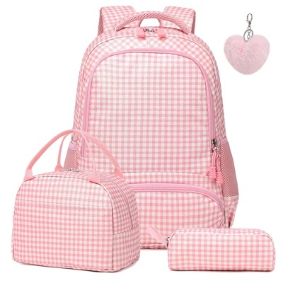 Conjunto Escolar Xadrez Pink - Mochila + lancheira + porta-lápis