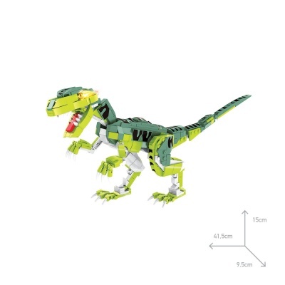 Figura de dinossauro feito com blocos de construção em várias cores sobre fundo branco