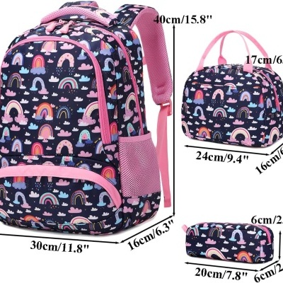 Conjunto Escolar Dark Purple Rainbows 40 cm - Mochila + lancheira + porta-lápis