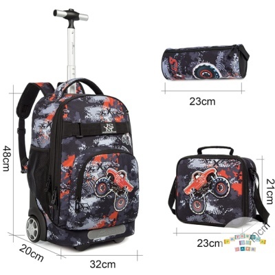 Conjunto escolar com mochila de carrinho, nécessaire e saco térmico com padrão camuflado e carro vermelho