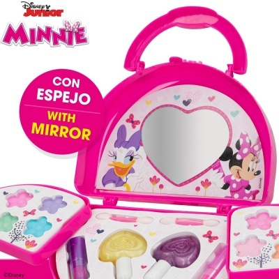 Estojo de maquilhagem infantil Minnie rosa com espelho em forma de coração e sombras de cores variadas.