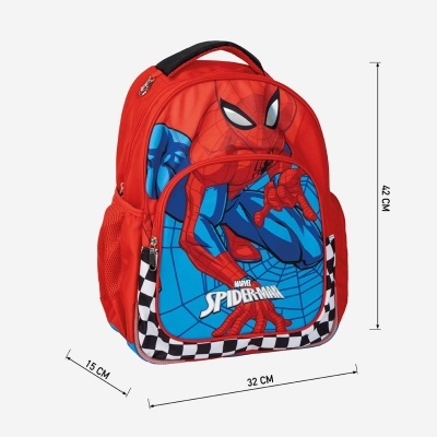 Mochila infantil vermelha com Homem-Aranha, padrão azul e vermelho, bolso frontal e laterais em rede