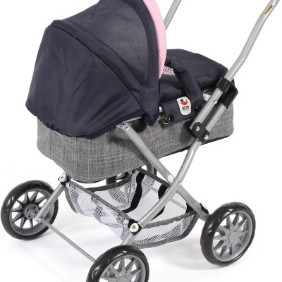 Carrinho de bebé de brinquedo azul escuro, rosa e cinza com rodas e estrutura metálica