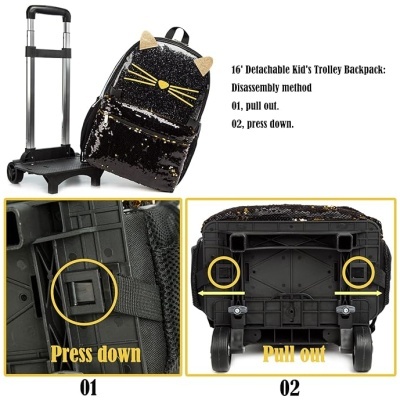Mochila preta com lantejoulas e padrão de gato, mala de rodas destacável e instruções de desmontagem à direita
