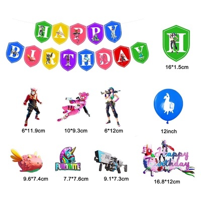 Decoração de festa Fortnite com bandeirolas coloridas, figuras de personagens, balão azul e topo de bolo