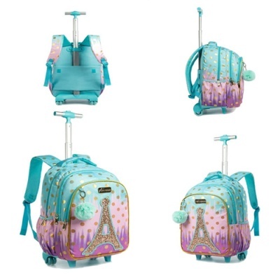 Mochila com carrinho azul e rosa com Torre Eiffel e bolinhas douradas
