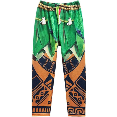 Calças coloridas com cordão e estampa geométrica e de folhas