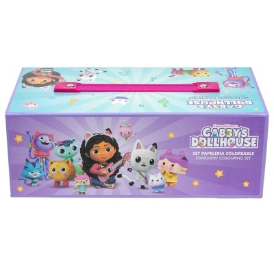 Estojo de papelaria colorido com personagens da série Gabby's Dollhouse
