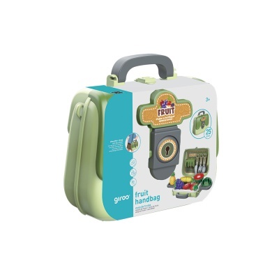 Mala de brinquedo fruit handbag verde com pega cinza e embalagem com frutas e acessórios